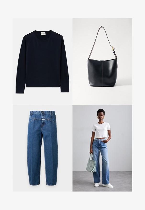 Laivastonsininen pitkähihainen pyöreäkauluksinen paita pehmeästä, sileästä kankaasta, jossa on rento mallisuus. Sisältää ribbauslahkeet ja -helman, sekä etiketin kauluksessa.; Tummansiniset farkut, joissa on rento malli, viisi taskua, ommellut saumat ja napitus vyötäröllä.; Valkoinen ribattuja lyhythihainen toppi, vaaleansiniset leveälahkeiset farkut ja valkoiset tennarit. Pitelee vihreä-valkoista raidallista kantokassia.; Musta nahkainen olkalaukku, jossa on sileä pinta, ohut ja pitkä hihna sekä hienovarainen ommeltu yksityiskohta keskellä.