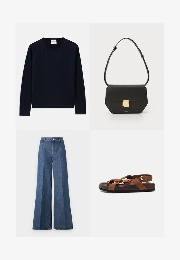 Sötétkék hosszú ujjú crewneck póló puha, sima anyagból, laza szabásban. Jellemzői a bordás díszítésű mandzsetta és szegély, címke a nyaknál.; Nagyméretű kék farmernadrág magas derékkal, klasszikus öt zsebes stílussal és gombos záródással, struktúrált pamutszövetből készült.; Sœur MEXICO - Szandálok - rouille; CLOSED CLOSED ONE - Keresztpántos táska - black