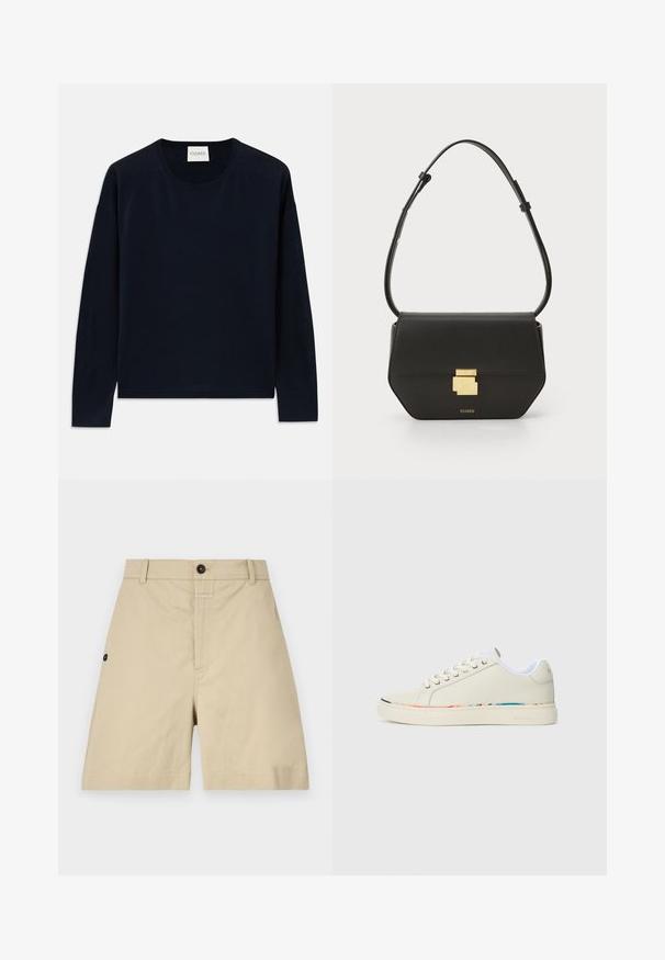 Top navy cu mânecă lungă, cu decolteu rotund, confecționat dintr-un material moale și neted, cu o croială lejeră. Se remarcă prin manșete și tiv din tricot, etichetă la gât.; Șorturi din bumbac bej, cu o croială normală, închidere cu nasture, buzunare laterale și detalii subtile de cusătură. Textură fină și design până la genunchi.; Sneaker de tip low-top de culoare alb murdar, cu brâu de legare, căptușeală interioară albă și o margine subtilă multicoloră pe marginea talpii, vedere laterală.; CLOSED CLOSED ONE - Geantă crossbody - black