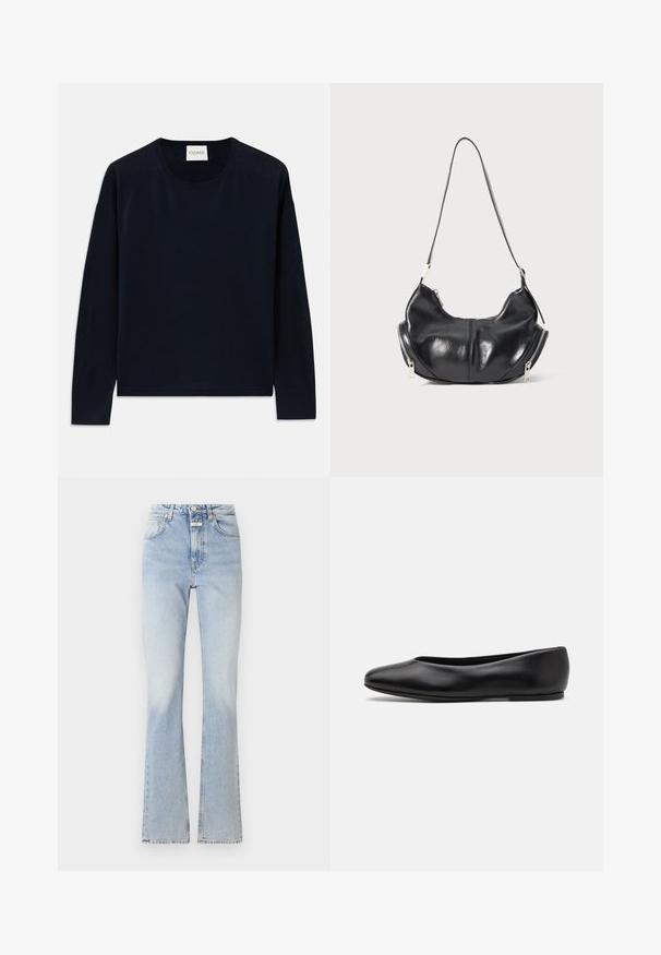 Laivastonsininen pitkähihainen pyöreäkauluksinen paita pehmeästä, sileästä kankaasta, jossa on rento mallisuus. Sisältää ribbauslahkeet ja -helman, sekä etiketin kauluksessa.; Vaaleansiniset farkut, joissa on korkea vyötärö, leveät lahkeet ja hienovarainen haalistunut rakenne. Varustettuna nappi- ja vetoketjukiinnityksellä, ja siinä on viisi taskua.; Paul Smith TOPANGA - Ballerinat - black; Mustavihreä puolikuun muotoinen olkalaukku, jossa on hopeiset vetoketjut molemmilla puolilla ja yksi hihna.