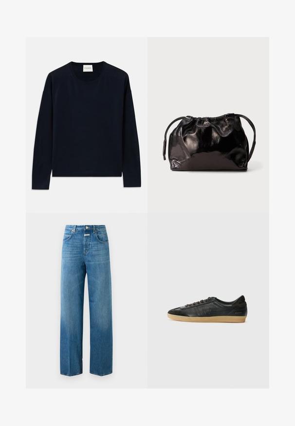 Mørkeblå langermet crewneck genser i myk, glatt stoff med en avslappet passform. Har ribbede mansjetter og kant, samt etikett i nakken.; Høytlivde rette blå denimjeans med framlommer og baklommer, knappelukking og beltehemper på hvit bakgrunn.; Svart lær sneakers med semskede detaljer, rund tå, gummisåle, flate lisser og sydd detaljering. Har merkevarens logo på hælen.; Liten svart blank skinnsnørepose med korte håndtak på en lys grå bakgrunn.