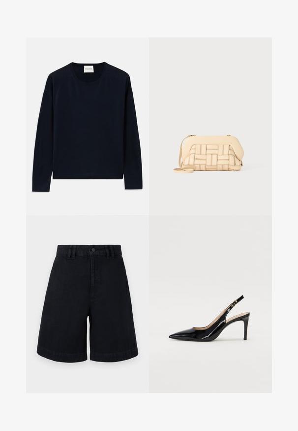 Navy langärmliges Rundhalsoberteil aus weichem, glattem Stoff mit lässiger Passform. Mit gerippten Bündchen und Saum sowie Label am Hals.; Schwarze Denim-Shorts im geraden Schnitt mit Knopfverschluss, Gürtelschlaufen und umgeschlagenen Säumen. Glatte Textur mit dezenten Nähten.; Schwarz lackierte Slingback-Pumps mit spitzem Zehenbereich, schlankem Absatz und einem subtilen Ausschnittdesign. Verfügt über eine goldene Schnalle am Riemen.; Gewebte beige Handtasche mit strukturiertem Design, ausgestattet mit einer glatten Oberseite und einem langen Tragegurt. Texturierte Details verbessern das Gesamtbild.