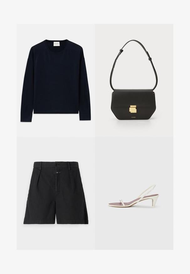 Námornícky modré tričko s dlhým rukávom a okrúhlym výstrihom z mäkkého, hladkého materiálu s voľným strihom. Obsahuje rebrované manžety a spodný lem, štítok na krku.; CLOSED REVYL - Šortky - black; Biele sandále na opätku so slabým podpätkom, tenkými pásikmi a hladkým koženým povrchom; obsahujú malú dekoratívnu sponu.; CLOSED CLOSED ONE - Taška cez plece - black