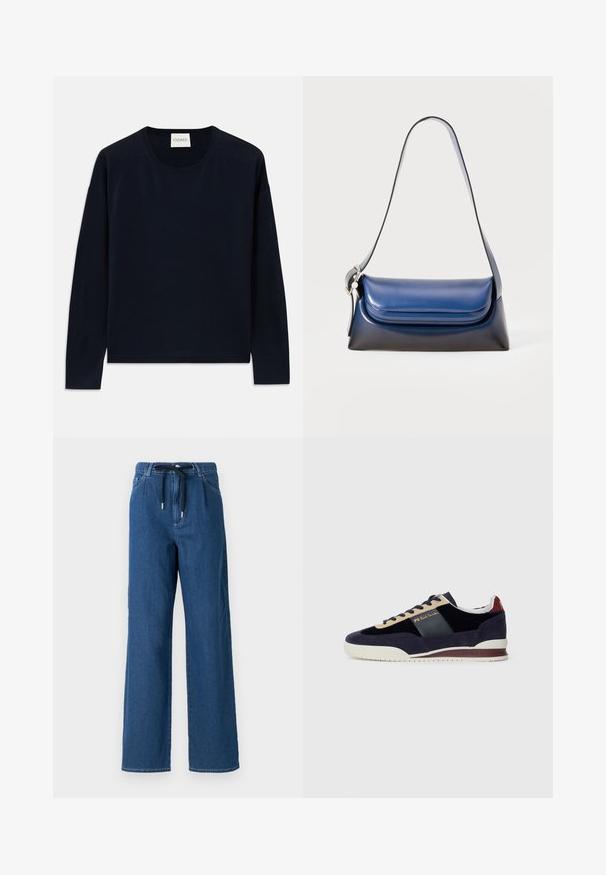 Tumesin pikkade varrukatega ümar kaelusega topp pehmest ja siledast kangast, mis on mugava lõikega. Omab soonikuid mansetil ja servas, silt kaela piirkonnas.; Laia siniste denimist püksid avarate jalgadega, mis on varustatud nööriga vöökoht ja ees olevate taskutega. Kangas on sileda tekstuuriga, millel on peened õmblusdetailid.; Tumesinine nahast tossud beige ja tumesiniste detailidega. Omab valget kummist tallat ja kuldset brändi tähist küljel. Klassikaline spordidisain.; Tumed nahkhandbag, millel on sile viimistlus, ümar kuju, volditud ülaosa ja üks õlavööd. Hõbedane riistvara aksessuaar kaasas.