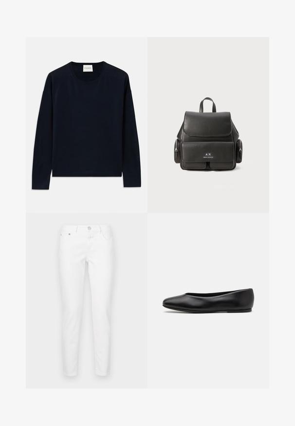 Camiseta de manga larga cuello redondo en color azul marino, hecha de una tela suave y lisa con un ajuste relajado. Presenta puños y dobladillo acanalados, etiqueta en el cuello.; Jeans blancos de corte ajustado, confeccionados en una mezcla de algodón. Cuentan con cinco bolsillos, cremallera y cierre de botón metálico.; Paul Smith TOPANGA - Bailarinas - black; Mochila de cuero negro con cierre de solapa, bolsillo frontal, compartimentos laterales con cremallera y asa superior. Presenta un detalle de logo en la parte frontal.