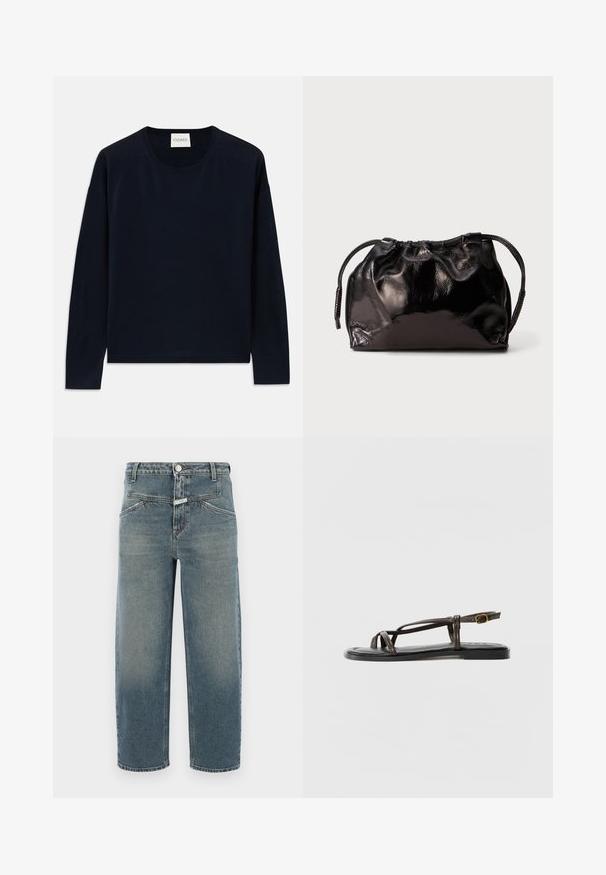 Mørkeblå langermet crewneck genser i myk, glatt stoff med en avslappet passform. Har ribbede mansjetter og kant, samt etikett i nakken.; CLOSED STOVER X - Jeans Tapered Fit - mid blue; Brune lær sandaler med kryssende stropper, justerbar ankelspenne, flat såle og en jevn tekstur på sålen.; Liten svart blank skinnsnørepose med korte håndtak på en lys grå bakgrunn.