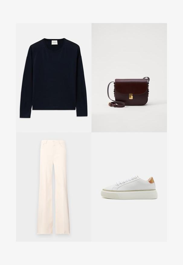 Tumesin pikkade varrukatega ümar kaelusega topp pehmest ja siledast kangast, mis on mugava lõikega. Omab soonikuid mansetil ja servas, silt kaela piirkonnas.; Laiad kreemjad teksad puuvillasegusest kangast, millel on nööp- ja tõmbluku sulgemine, ees ja taga taskud ning toores äär.; Valged tenisekingad, millel on siledast nahast ülemine osa, tekstureeritud kummist põhi, ümar varvas ja peegeldav detail kontsapoolses osas.; Pruun nahast kott klappi sulgemisega, kuldsete detailidega ja reguleeritava rihmaga. Omab siledat tekstuuri ja stiilset ristküliku kuju.