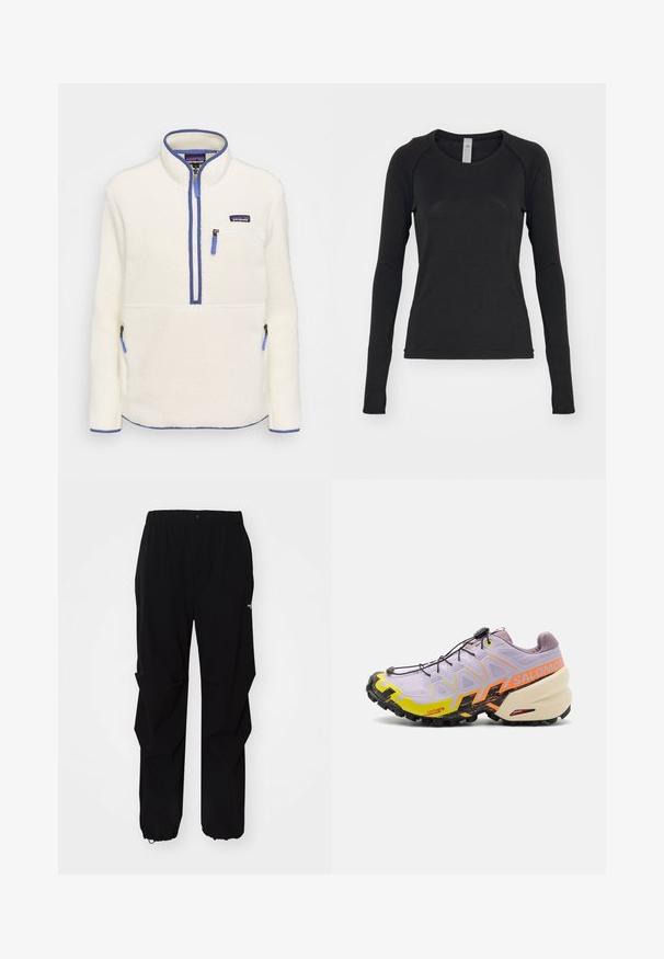 Fleece-pullover i hvid, med halvlynlås foran, blå lynlåsdetaljer, brystlomme og sidelommer. Glat tekstur, høj krave.; Langærmet skjorte i sort, lavet af blødt stof. Har rund hals og raglanærmer med tommelfingerhuller ved manchetterne. Minimalistisk design.; Sorte udendørsbukser lavet af slidstærkt materiale, med en afslappet pasform, elastisk talje og tilpassede lukninger ved anklerne for justerbar længde.; Salomon SPEEDCROSS 6 - Løbesko trail - orchid petal/black/sulphur spring