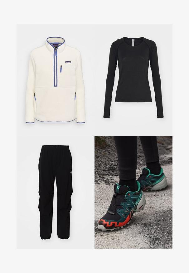 Pull en polaire blanc, avec un zip frontal demi-long, des accents de zip bleus, une poche poitrine et des poches latérales. Texture lisse, col haut.; Chemise à manches longues noire, fabriquée en tissu doux. Présente un col rond et des manches raglan avec des ouvertures pour les pouces au niveau des poignets. Design minimaliste.; Pantalons d'extérieur noirs en matériau durable, avec une coupe décontractée, une taille élastique et des poignets resserrés pour une longueur ajustable.; Salomon SPEEDCROSS 6 GTX - Chaussures de running - black/electric green/cherry tomato