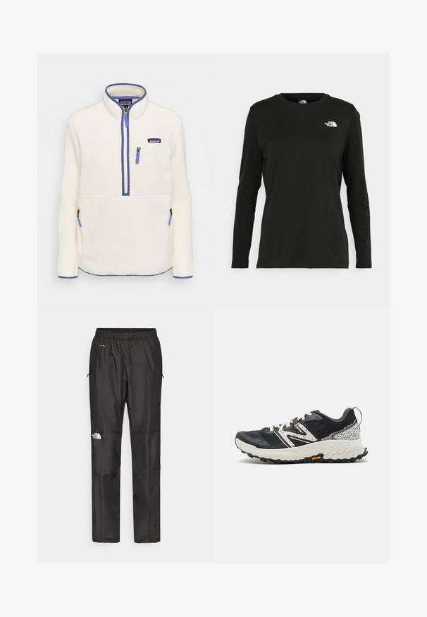 Fleece genser i hvit, med halv-zip foran, blå glidelåsdetaljer, brystlomme og sidelommer. Jevn tekstur, høy krage.; Svart langermet T-skjorte laget av bomull med rund hals. Har en liten hvit logo på venstre brystområde. Enkelt design og passform.; Sorte vanntette bukser laget av lettvektig stoff, med elastisk midjebånd, sidelommer og en logo på venstre ben.; New Balance FRESH FOAM X HIERRO V8 - Løpesko for mark - blacktop