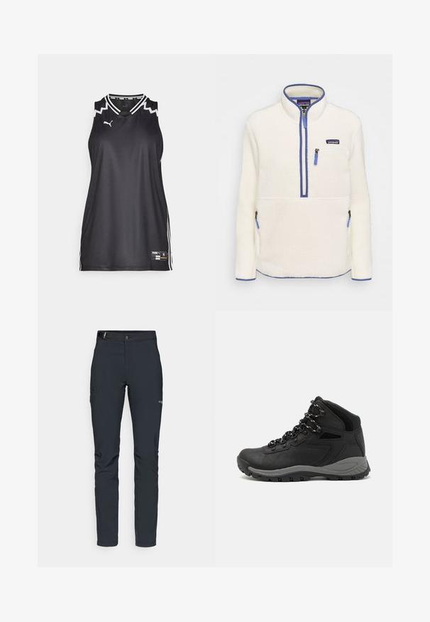 Biely fleecový pulóver s polovičným zipsom vpredu, modrými zipsovými akcentmi, vreckom na hrudi a bočnými vreckami. Hladká textúra, vysoký golier.; Čierny bezrukávový športový top s bielymi akcentmi, s výstrihom do V a bočnými pruhmi. Logo Puma na hrudi. Hladká tkanina, ľahký dizajn.; Pánske outdoorové nohavice, tmavo šedé, vyrobené z flexibilného materiálu, s opaskom, so zipsovými vreckami a vystuženým šitím.; Čierna turistická obuv s polovičným strihom, s textúrovaným zvrškom, šedými akcentmi a odolnou gumovou podrážkou s protišmykovými hrebienkami.