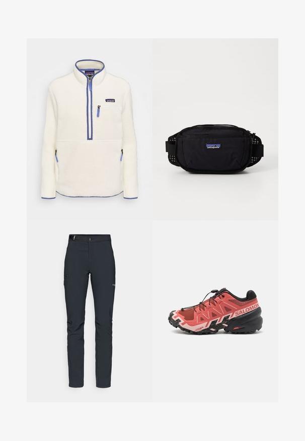 Fleece-Pullover in Weiß mit halbem Reißverschluss auf der Vorderseite, blauen Reißverschlussakzenten, Brusttasche und Seitentaschen. Glatte Textur, hoher Kragen.; Herren Outdoor-Hosen, dunkelgrau, aus flexiblem Material, mit einem Gürtel, Reißverschlusstaschen und verstärkten Nähten.; Trailrunning-Schuh in Pink und Schwarz. Obermaterial aus Mesh mit verstärkenden Überzügen, strukturierte Sohle, Quick-Lace-System und Branding an der Ferse.; Schwarze Patagonia Hüfttasche mit einem mit Reißverschluss versehenen Hauptfach, Netzeinsätzen an den Seiten und verstellbarem Tragegurt. Mit Logo auf der Vorderseite.