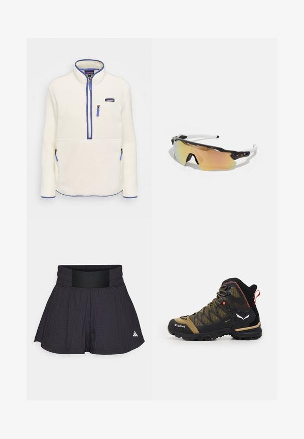 Fleece-Pullover in Weiß mit halbem Reißverschluss auf der Vorderseite, blauen Reißverschlussakzenten, Brusttasche und Seitentaschen. Glatte Textur, hoher Kragen.; adidas Performance TENNIS PRO AEROREADY SEERSUCKER - Kurze Sporthose - black; Halbhoher Wanderschuh in Schwarz und Olivgrün, mit einem Obermaterial aus Netzgewebe, Gummisohle und strukturierten Akzenten sowie einer Zuglasche an der Rückseite.; Sonnenbrille mit einem schwarz-weißen Rahmen, großen verspiegelten Gläsern in Gold- und Rosatönen, aerodynamischem Design und einem erweiterten äußeren Rand.