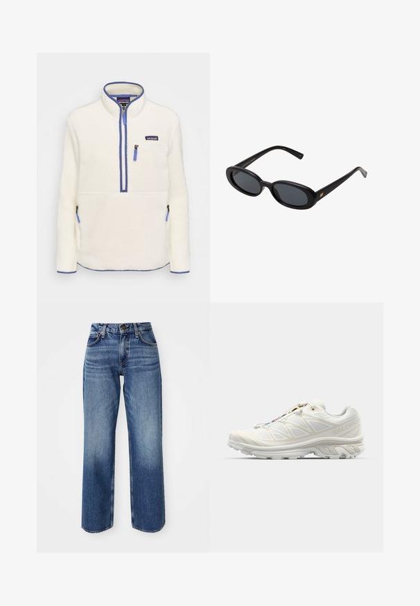 Fleece-Pullover in Weiß mit halbem Reißverschluss auf der Vorderseite, blauen Reißverschlussakzenten, Brusttasche und Seitentaschen. Glatte Textur, hoher Kragen.; Hellblaue Jeans mit entspannter Passform, hoher Taille, geraden Beinen und sanften Verwaschungen. Aus Denim mit sichtbaren Nähten und Beschlägen gefertigt.; Weißer Laufschuh mit einem atmungsaktiven Mesh-Obermaterial, strukturierten Akzenten und einer gepolsterten Sohle. Verfügt über ein Schnellschnürsystem für eine einfache Passform.; Schwarze, oversized Sonnenbrillen mit ovalen Gläsern, glattem Kunststoffrahmen und goldenen Akzenten an den Bügeln. Die dunklen Gläser bieten Sonnenschutz.