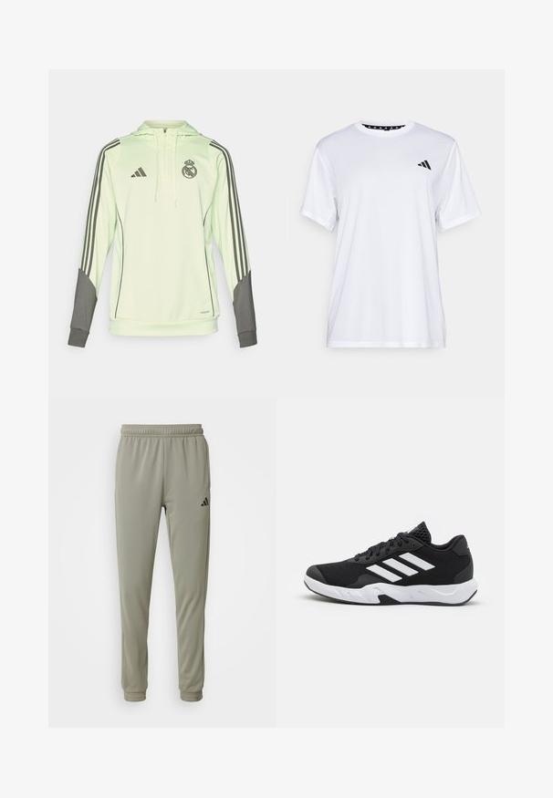 Lichtgroene hoodie met grijze accenten, voorzien van drie zwarte strepen op de mouwen, het Adidas-logo en het logo van Real Madrid.; Witte sport T-shirt met korte mouwen, gemaakt van vochtafvoerende stof. Heeft een zwart logo op de linkerkant van de borst en een gemusterde binnenhals.; Lichtgroene sportbroek met een elastische tailleband, taps toelopende pijpen en zwarte logodetails. Gemaakt van een gladde, ademende stof.; Zwarte sportieve schoenen met een geperforeerde mesh bovenkant, witte accentstrepen, een gevoerde zool en een versterkte hiel voor extra ondersteuning.