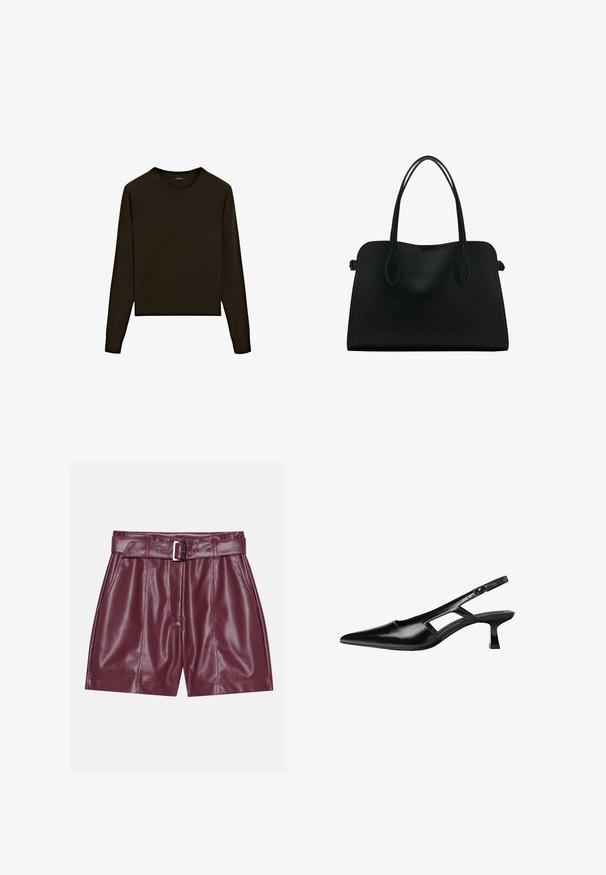 Brauner Strickpullover mit langen Ärmeln, rundem Halsausschnitt und gerippten Bündchen und Saum. Weiche Textur mit lässiger Passform.; Burgunderfarbene Kunstleder-Shorts mit einem breiten Bund, einem Gürtel mit silberner Schnalle und vorderen Falten für eine lockere Silhouette.; Schwarze Lackleder-Slingback-High Heels mit spitzer Zehenform, ausgeschnittenem Seitendesign und kleinem Blockabsatz. Glatte Textur mit minimalen Akzenten.; Schwarze Lederhandtasche mit zwei Schulterriemen, rechteckiger Form und minimalistischem Design auf weißem Hintergrund.