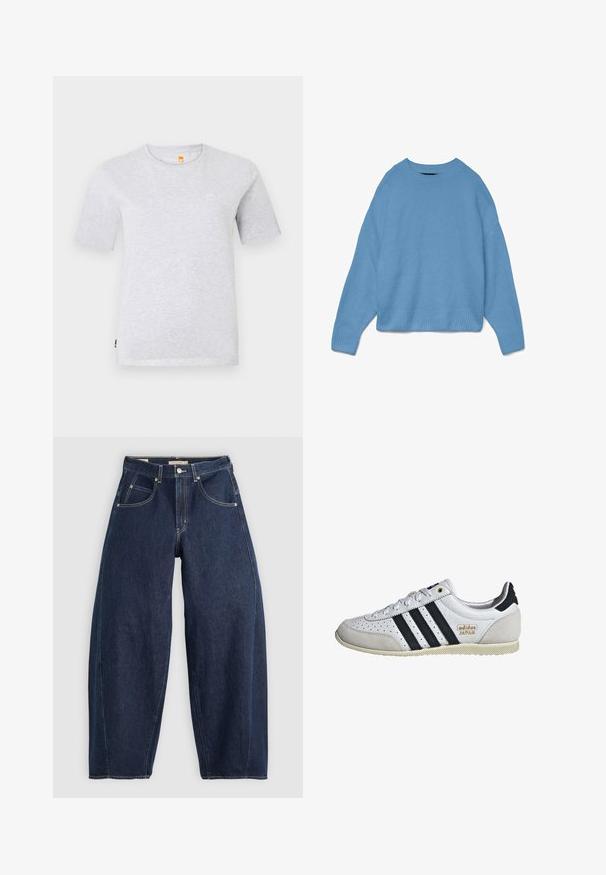 Svetlo modra pletena jopica z okroglim izrezom, dizajnom z spuščeno ramo in rebrastimi manšetami ter robom. Mehka tekstura, sproščen kroj.; Siva kratka majica s kratkimi rokavi iz mehkega džersija, z okroglo otvorino za vrat in majhnim logotipom na prsih. Preprost, minimalističen dizajn.; Temno modri kavbojasti hlače z ohlapnim krojem, svetlimi šivi, petimi žepi in gumbom za zapiranje na pasu.; Bela teniska z črnimi črtami in zlatim logotipom. Ima usnje in zamskaste materiale, perforirano zgornjo površino ter teksturiran gumijast podplat.
