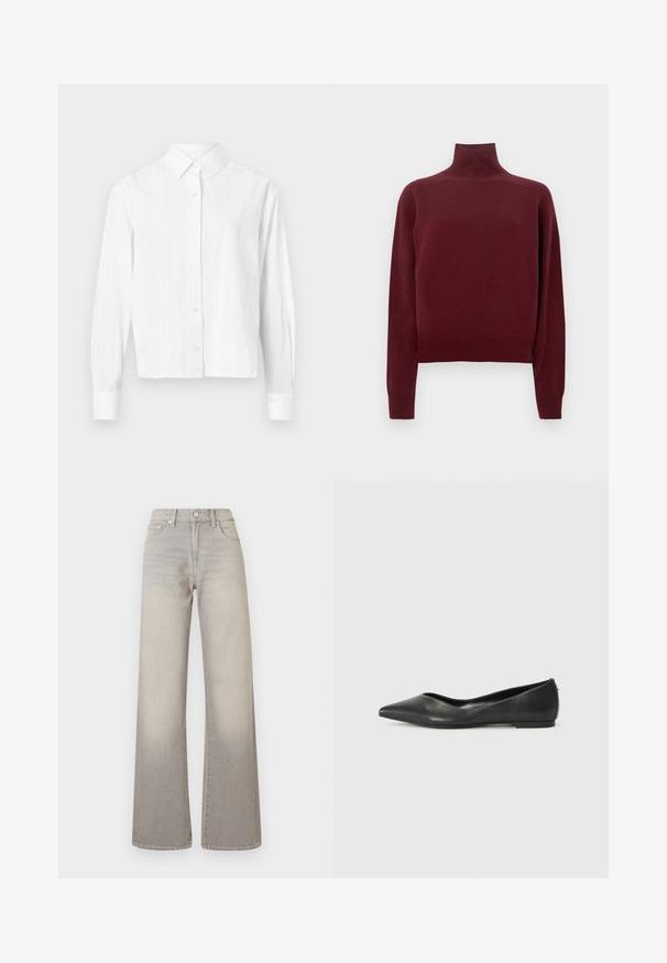 Maglione dolcevita color borgogna con maniche lunghe, trama a maglia e dettagli a coste su polsini e orlo. Linea classica e aderente.; Camicia bianca a maniche lunghe realizzata in tessuto leggero. Presenta un colletto classico e sottili righe verticali. Design corto.; Jeans grigi larghi con finitura sbiadita, chiusura con bottone, design a cinque tasche e cuciture decorative lungo le cuciture.; Ballerine in pelle nera con punta affusolata, tacco basso e texture liscia. Design minimale con un sottile dettaglio laterale.