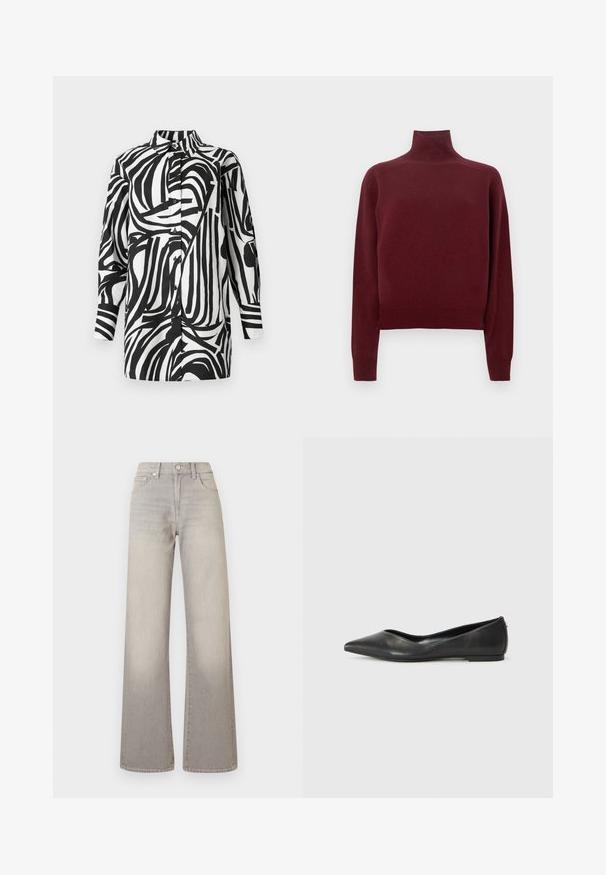 Burgundski pulover z visokim ovratnikom in dolgimi rokavi, pletena tekstura ter rebrasti detajli na manšetah in robu. Klasičen, oprijet kroj.; Črno-bela majica z drzno, abstraktno črtasto vzorcem; ovratniški dizajn z gumbi spredaj in dolgimi rokavi. Gladek tekstura tkanine.; Sive široke jeans hlače z utonulim zaključkom, z gumbom za zapiranje, petimi žepi in šiviljskim detajlom ob šivih.; Črne usnjene balerinke s koničastim noskom, nizko peto in gladko teksturo. Minimalističen dizajn s subtilnim stranskim naglasom.