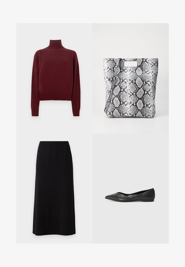 Bordeauxroter Rollkragenpullover mit langen Ärmeln, Strickstruktur und geripptem Detail an Bündchen und Saum. Klassische, taillierte Form.; Schwarzer Maxirock mit einer glatten, weichen Textur und einem elastischen Bund. Einfacher, gerader Schnitt ohne sichtbare Muster oder Verzierungen.; Schwarze Leder-Ballerinas mit spitzem Zehenbereich, niedrigem Absatz und glatter Textur. Minimalistisches Design mit einem dezenten seitlichen Akzent.; Schwarz-weiße Schlangenleder-Print Tragetasche mit rechteckigem Ausschnittgriff, glatter Textur und strukturiertem Design. Verstellbarer Riemen inklusive.