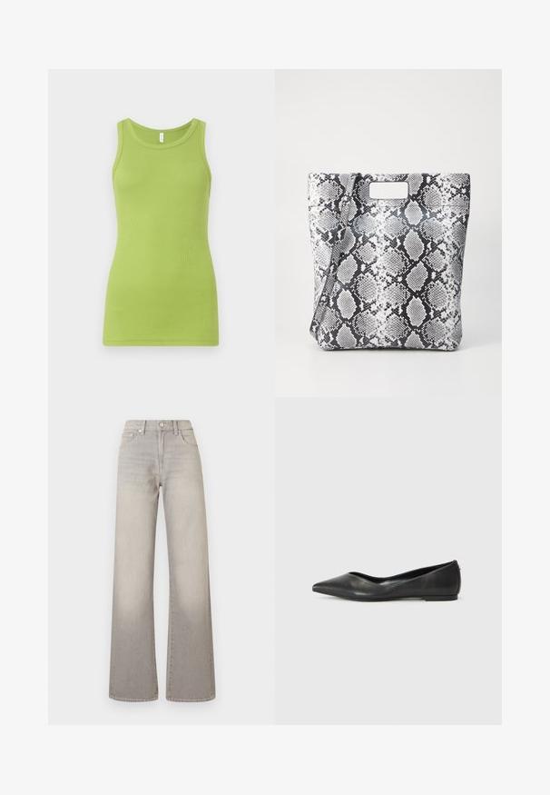 Pull à col roulé bordeaux avec manches longues, texture en maille et détails côtelés aux poignets et à l'ourlet. Coupe classique et ajustée.; Débardeur vert en coton côtelé, avec un col rond et sans manches. Texture lisse avec une coupe ajustée.; Jean large gris avec une finition délavée, fermeture à bouton, design à cinq poches et coutures conçues le long des coutures.; Ballerines en cuir noir avec un bout pointu, un talon bas et une texture lisse. Design minimal avec une subtile accent latéral.; Sac tote imprimé serpent en noir et blanc avec une poignée découpée rectangulaire, texture lisse et forme structurée. Sangle ajustable incluse.