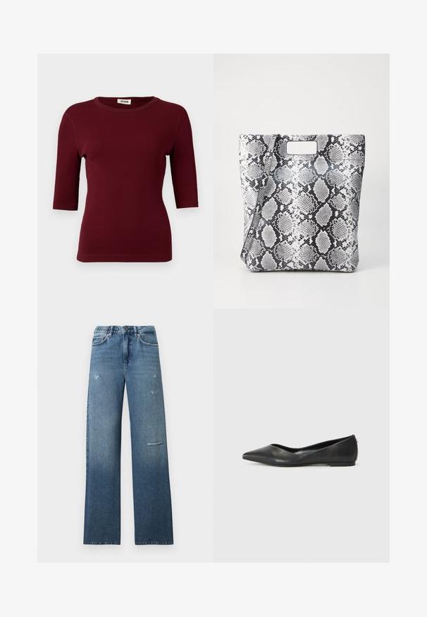 Burgundy turtleneck sweater with long sleeves, knit texture, and ribbed detailing at the cuffs and hem. Classic, fitted shape.; Burgundy ribbed t-shirt with short sleeves, round neckline, and a fitted design. Smooth texture with subtle stitching details at the seams.; Blue denim jeans featuring a straight-fit design, distressed detailing, and a clean hem. The fabric has a slightly faded gradient appearance.; Black leather ballet flat with a pointed toe, low heel, and smooth texture. Minimal design with a subtle side accent.; Black and white snake print tote bag with a rectangular cutout handle, smooth texture, and structured shape. Adjustable strap included.