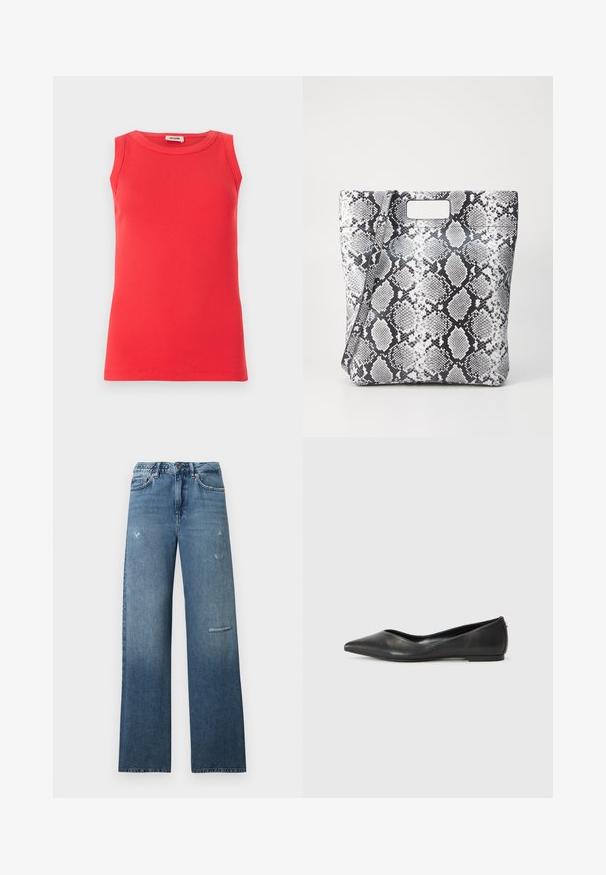 Vinrød rullekravesweater med lange ærmer, strikket tekstur og ribbet detalje ved manchetter og kant. Klassisk, tætsiddende pasform.; Rød ærmeløs top lavet af ribbet stof, med rund halsudskæring og tætsiddende pasform. Minimalistisk design uden synlige mønstre eller detaljer.; Blå denimjeans med en lige pasform, slidte detaljer og en ren kant. Stoffet har en let falmet gradient udseende.; Sorte læder balletlejersko med spids tå, lav hæl og glat overflade. Minimalistisk design med en diskret sideaccent.; Tote bag med sort-hvid slangemønster, rektangulært udskåret håndtag, glat tekstur og struktureret form. Justerbar skulderrem inkluderet.