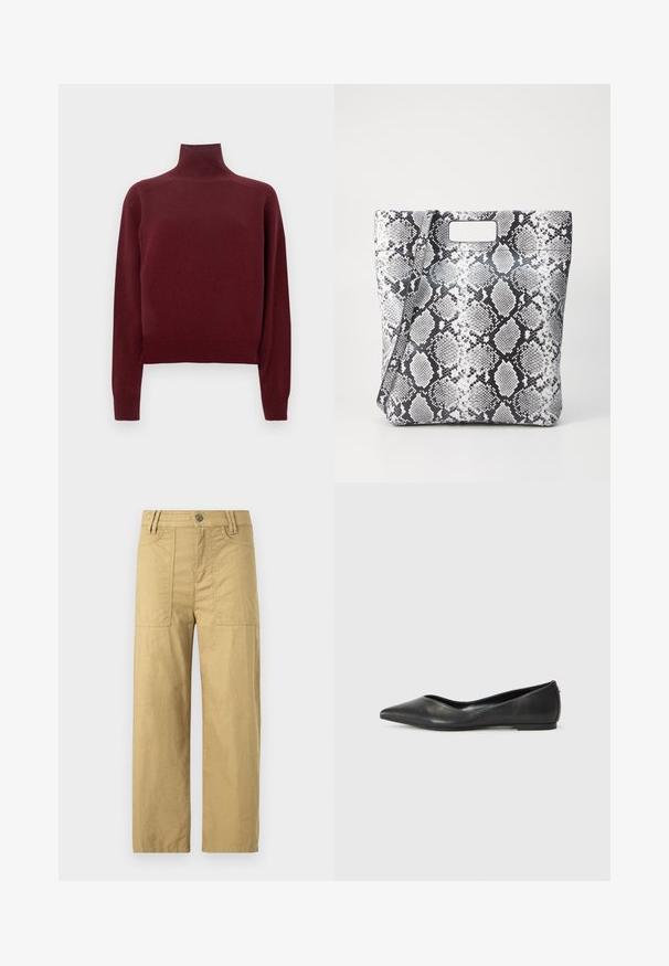 Suéter burgundy de cuello alto con mangas largas, textura de punto y detalles acanalados en los puños y el bajo. Forma clásica y ajustada.; Pantalones cargo de algodón beige con una cintura alta, dos bolsillos frontales y un corte relajado. Presentan un cierre con gancho y cremallera en la parte delantera.; Bailarina de cuero negro con puntera afilada, tacón bajo y textura suave. Diseño minimalista con un sutil acento lateral.; Bolso tote de estampado de serpiente en blanco y negro con un asa rectangular cortada, textura suave y forma estructurada. Incluye una correa ajustable.