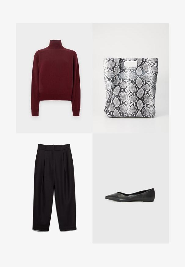Burgundy turtleneck sweater with long sleeves, knit texture, and ribbed detailing at the cuffs and hem. Classic, fitted shape.; Black tailored trousers with a high waistband, pleated front, and wide legs. Fabric appears smooth with subtle texture, suitable for formal attire.; Black leather ballet flat with a pointed toe, low heel, and smooth texture. Minimal design with a subtle side accent.; Black and white snake print tote bag with a rectangular cutout handle, smooth texture, and structured shape. Adjustable strap included.