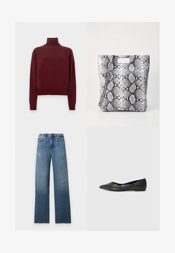 Burgundy turtleneck sweater with long sleeves, knit texture, and ribbed detailing at the cuffs and hem. Classic, fitted shape.; Blue denim jeans featuring a straight-fit design, distressed detailing, and a clean hem. The fabric has a slightly faded gradient appearance.; Black leather ballet flat with a pointed toe, low heel, and smooth texture. Minimal design with a subtle side accent.; Black and white snake print tote bag with a rectangular cutout handle, smooth texture, and structured shape. Adjustable strap included.