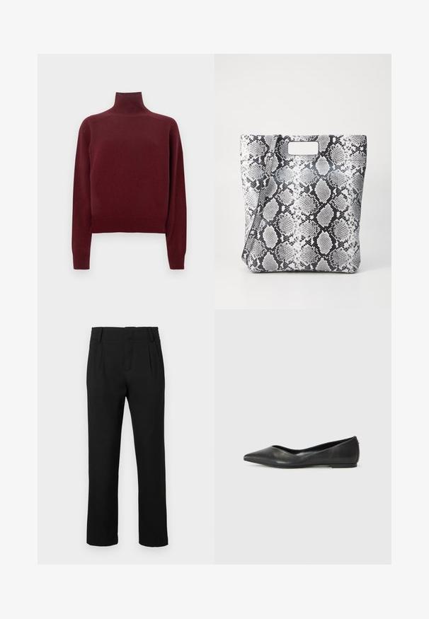 Burgundy turtleneck sweater with long sleeves, knit texture, and ribbed detailing at the cuffs and hem. Classic, fitted shape.; Black straight-leg trousers with belt loops, side pockets, and front pleats, displayed against a plain white background.; Black leather ballet flat with a pointed toe, low heel, and smooth texture. Minimal design with a subtle side accent.; Black and white snake print tote bag with a rectangular cutout handle, smooth texture, and structured shape. Adjustable strap included.