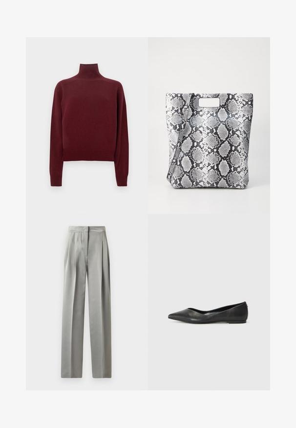 Pull à col roulé bordeaux avec manches longues, texture en maille et détails côtelés aux poignets et à l'ourlet. Coupe classique et ajustée.; Pantalons tailleur gris clair avec une texture lisse, dotés de plis à l'avant, d'une coupe évasée et d'une taille ajustée.; Ballerines en cuir noir avec un bout pointu, un talon bas et une texture lisse. Design minimal avec une subtile accent latéral.; Sac tote imprimé serpent en noir et blanc avec une poignée découpée rectangulaire, texture lisse et forme structurée. Sangle ajustable incluse.
