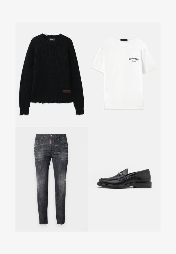 Black waffle-knit sweater with a crew neckline, ribbed cuffs, frayed hem, and a small brown leather logo patch on the lower left side.; White cotton T-shirt with a crew neckline, short sleeves, and a black embroidered logo reading "DSQUARED2 MILANO" on the left chest.; Dark gray denim jeans with a slim fit, subtle fading, distress marks on the thighs, five pockets, and a contrasting red label detail.; Black leather loafers with a rounded toe, featuring gold hardware accent and stitching detail, set on a low, textured rubber sole.