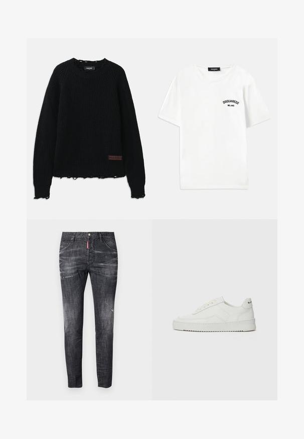 Black waffle-knit sweater with a crew neckline, ribbed cuffs, frayed hem, and a small brown leather logo patch on the lower left side.; White cotton T-shirt with a crew neckline, short sleeves, and a black embroidered logo reading "DSQUARED2 MILANO" on the left chest.; Dark gray denim jeans with a slim fit, subtle fading, distress marks on the thighs, five pockets, and a contrasting red label detail.; White leather sneaker with a smooth finish, round toe, flat laces, and a textured sole. Features a subtle logo on the heel.