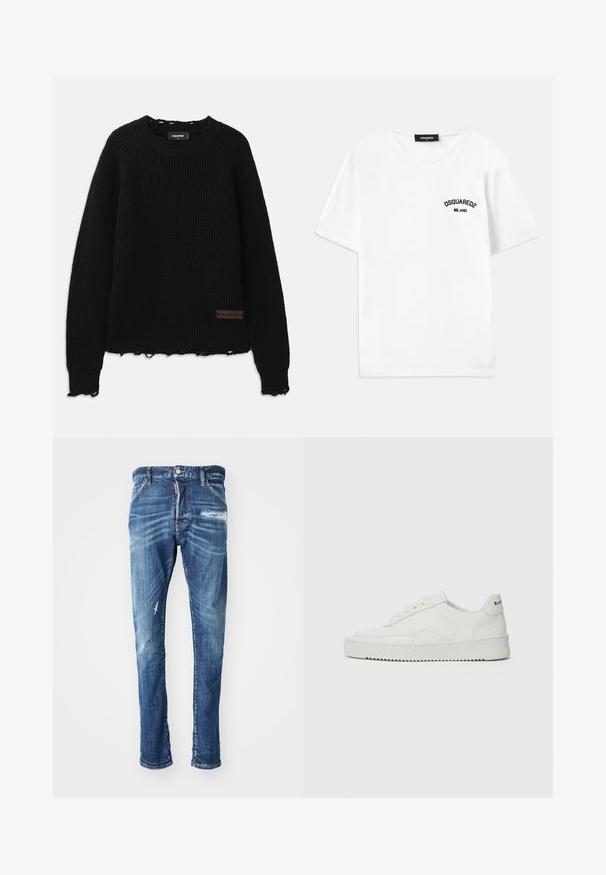 Pulover negru din tricot cu model waffle, cu decolteu rotund, manșete cu model în relief, margine desfăcută și o mică etichetă din piele maro pe partea stângă jos.; Tricou alb din bumbac cu guler rotund, mâneci scurte și un logo brodat negru cu inscripția "DSQUARED2 MILANO" pe pieptul stâng.; Blugi din denim albastru cu un design uzat. Prezintă decolorare, ușoare șanțuri și o mică ruptură pe coapsa stângă. Croi drept.; Sneakers din piele albă cu un finisaj neted, vârf rotund, șireturi plate și o talpă texturată. Prezintă un logo subtil pe călcâi.