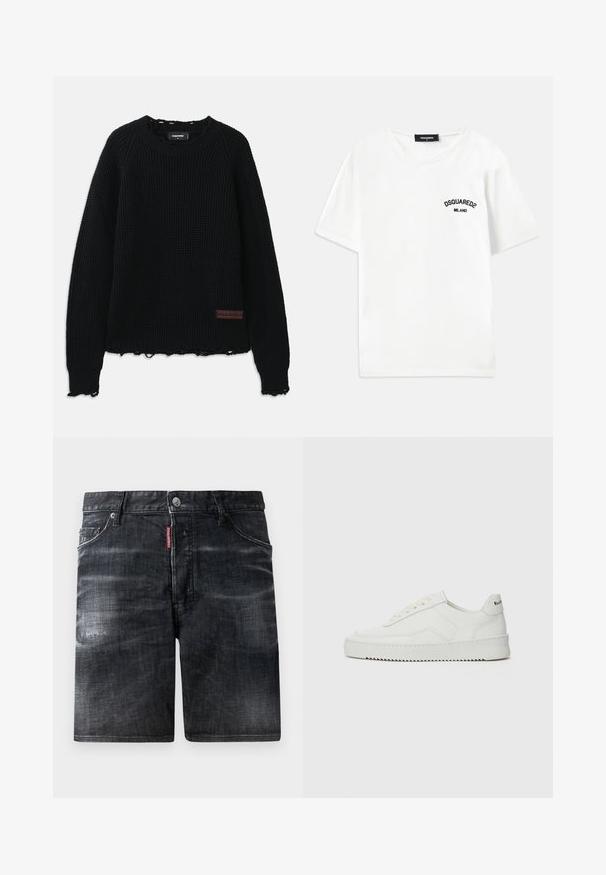 Črna pulover z waffle pletenjem in okroglo ovratnikom, z rebrastimi manšeti, raztrganim robom in majhno rjavo usnjeno nalepko na spodnjem levem delu.; Bela bombažna majica s krojem okoli vratu, kratkimi rokavi in črnim izvezenim logotipom z napisom "DSQUARED2 MILANO" na levi prsni strani.; Črne jeans kratke hlače z zbledelim dizajnom, petimi žepi in kovinskim gumbom za zapiranje. V pasu je vidna oznaka blagovne znamke.; Bela usnjena športna obutev z gladko površino, okroglo prst, ravne vezalke in teksturiran podplat. Ima diskretno logo na peti.