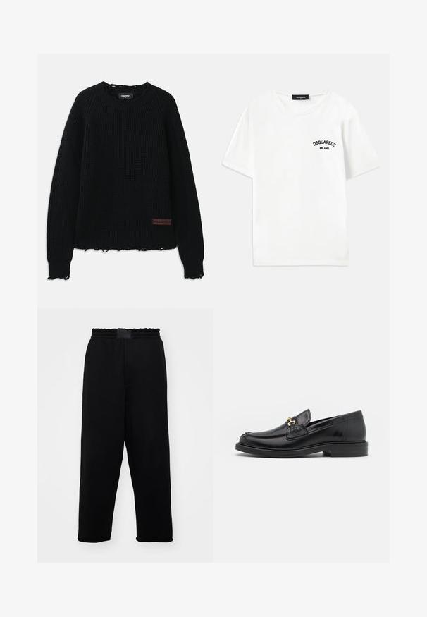 Black waffle-knit sweater with a crew neckline, ribbed cuffs, frayed hem, and a small brown leather logo patch on the lower left side.; White cotton T-shirt with a crew neckline, short sleeves, and a black embroidered logo reading "DSQUARED2 MILANO" on the left chest.; Black sweatpants featuring an elastic waistband, side pockets, and a relaxed fit. Made from soft, smooth fabric with a plain texture.; Black leather loafers with a rounded toe, featuring gold hardware accent and stitching detail, set on a low, textured rubber sole.