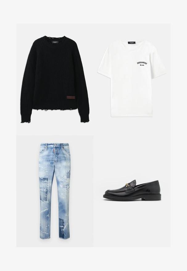 Schwarzer Waffelstrickpullover mit Rundhalsausschnitt, gerippten Bündchen, fransigem Saum und einem kleinen braunen Lederlogo-Patch auf der unteren linken Seite.; Weißes Baumwoll-T-Shirt mit Rundhalsausschnitt, kurzen Ärmeln und einem schwarz gestickten Logo mit der Aufschrift "DSQUARED2 MILANO" auf der linken Brust.; Helle blaue, abgenutzte Denim-Jeans mit Rissen, geradem Bein und fransigen Säumen. Ausgestattet mit Metallbeschlägen und klassischem Fünf-Taschen-Stil.; Schwarze Lederleter mit einer abgerundeten Zehenpartie, ausgestattet mit goldenen Hardwareakzenten und Stichdetails, auf einer niedrigen, strukturierten Gummisohle.