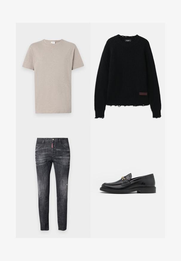 Pulover negru din tricot cu model waffle, cu decolteu rotund, manșete cu model în relief, margine desfăcută și o mică etichetă din piele maro pe partea stângă jos.; Tricou scurt cu mânecă, de culoare bej deschis, dintr-un material moale și texturat. Dispune de un gât rotund și detalii subtile cu logo în apropierea tivului.; Jeans din denim gri închis, cu o croială slim, ușor decolorate, cu semne de uzură pe coapse, cinci buzunare și un detaliu de etichetă roșie contrastantă.; Loaferi din piele neagră cu vârf rotunjit, dotati cu accente aurii și detalii de cusătură, așezați pe o talpă joasă din cauciuc texturat.