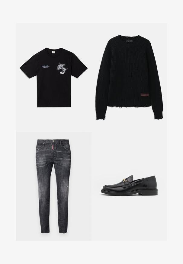 Mustat vohvelineulepusero, jossa on pyöreä kaula-aukko, ribbireunat, rispaantunut helma ja pieni ruskea nahkainen logopainatus vasemmalla alareunassa.; Mustat puuvillapaidat, joissa on lyhyet hihat. Paidan etuosassa on valkoinen kuva kukasta ja levysoittimesta sekä siniset tekstit "Killing Bees" ja "United By Rhythm."; Tummanharmaat farkut slim fit -mallissa, joissa on hienoinen kulutus, kulumajälkiä reisissä, viisi taskua ja kontrastivärinen punainen etiketti.; Musta nahkainen loafers-tyylinen kengät, joissa on pyöreä kärki, kultaiset yksityiskohdat ja ompelutiedot, asetettu matalalle, teksturoidulle kumipohjalle.