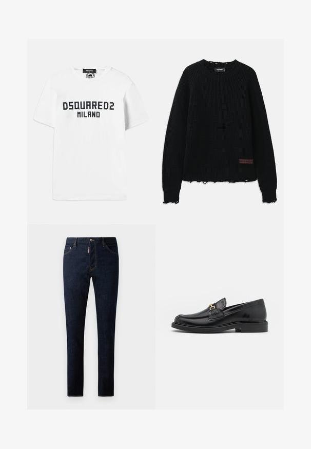 Maglione nero in tessuto waffle con scollo a girocollo, polsini a costine, orlo sfrangiato e una piccola etichetta in pelle marrone sul lato sinistro inferiore.; Dsquared2 COOL FIT TEE - T-shirt con stampa - white/dark navy; Jeans in denim blu scuro con vestibilità slim, caratterizzati da cuciture a contrasto, chiusura con bottone e design a cinque tasche. Tessuto morbido e resistente.; Mocassini in pelle nera con punta rotonda, dotati di accentuazione in metallo dorato e dettagli di cucitura, posizionati su una suola in gomma testurizzata bassa.