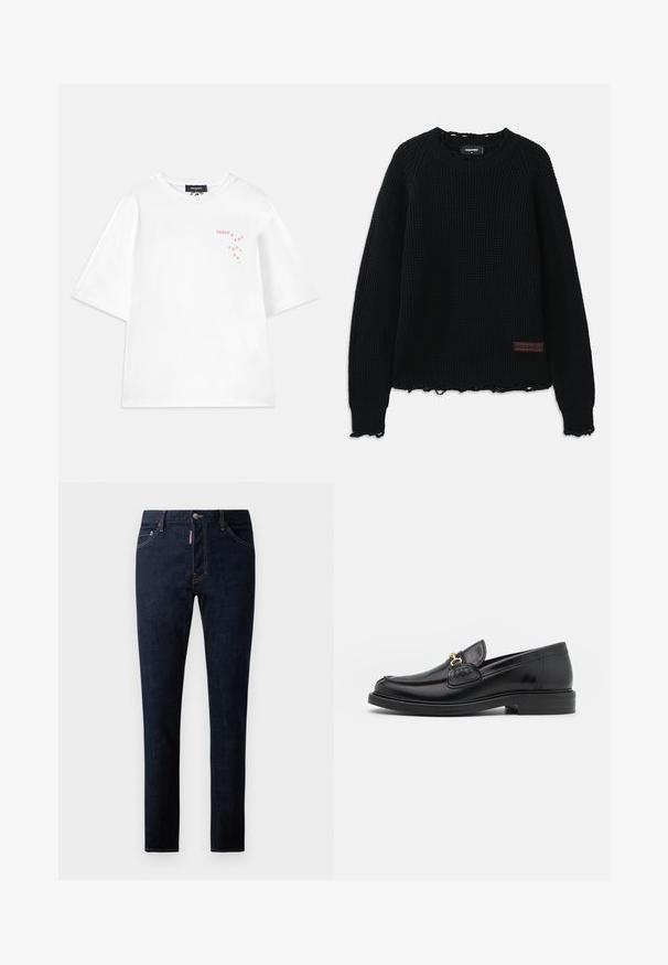 Maglione nero in tessuto waffle con scollo a girocollo, polsini a costine, orlo sfrangiato e una piccola etichetta in pelle marrone sul lato sinistro inferiore.; Dsquared2 LOOSE FIT TEE - T-shirt con stampa - white; Jeans in denim blu scuro con vestibilità slim, caratterizzati da cuciture a contrasto, chiusura con bottone e design a cinque tasche. Tessuto morbido e resistente.; Mocassini in pelle nera con punta rotonda, dotati di accentuazione in metallo dorato e dettagli di cucitura, posizionati su una suola in gomma testurizzata bassa.