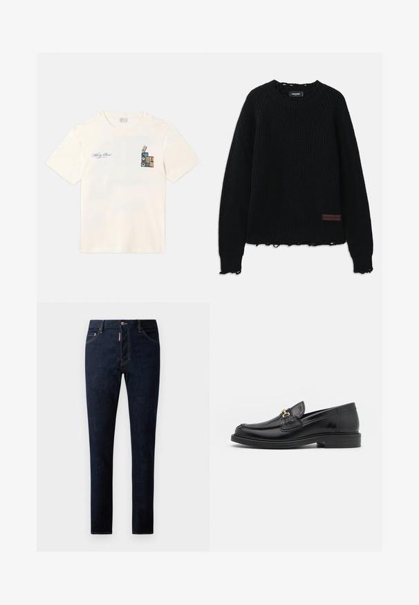 Pulover negru din tricot cu model waffle, cu decolteu rotund, manșete cu model în relief, margine desfăcută și o mică etichetă din piele maro pe partea stângă jos.; Tricou din bumbac de culoare crem, cu un grafism înfățișând casete audio suprapuse pe partea stângă a pieptului, având accente albastre și maro și text.; Jeans din denim albastru închis, cu o croială slim, având cusături în contrast, închidere cu buton și un design cu cinci buzunare. Textură netedă și țesătură durabilă.; Loaferi din piele neagră cu vârf rotunjit, dotati cu accente aurii și detalii de cusătură, așezați pe o talpă joasă din cauciuc texturat.