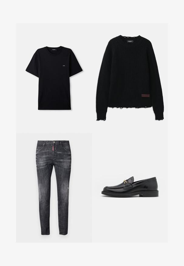 Zwarte wafelgebreide trui met een ronde hals, geribde boorden, een rafelige zoom en een klein bruin leren logopatch aan de onderkant van de linkerkant.; Zwarte katoenen T-shirt met korte mouwen, ronde hals en een klein merkembleem op de borst. Gladde textuur, klassieke pasvorm.; Donkergrijze denim jeans met een slim fit, subtiele vervaging, slijtageplekken op de dijen, vijf zakken en een contrasterend rood label detail.; Zwarte leren instappers met een ronde neus, voorzien van een gouden hardware accent en stikdetails, geplaatst op een lage, getextureerde rubberen zool.