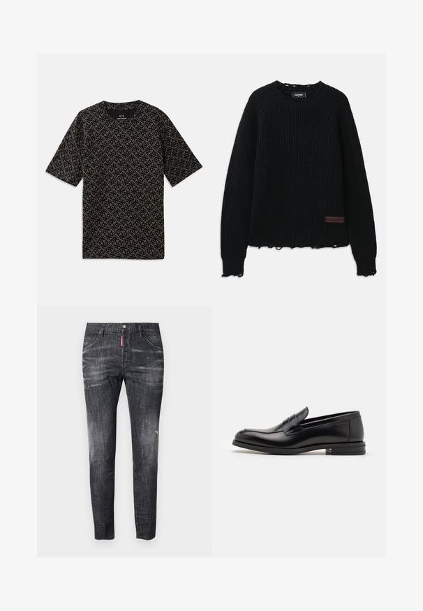 Suéter negro de punto waffle con cuello redondo, puños acanalados, dobladillo desflecado y un pequeño parche de cuero marrón con el logotipo en la parte inferior izquierda.; Camiseta negra con un patrón geométrico en dorado. Mangas cortas, cuello redondo, tejido ligero, ajuste casual.; Vaqueros de mezclilla gris oscuro con un corte ajustado, ligero desvanecimiento, marcas de desgaste en los muslos, cinco bolsillos y un detalle de etiqueta roja en contraste.; Mocasines de cuero negro con una textura suave, puntera redondeada y una tira decorativa en el empeine. Tacón bajo apilado, diseño minimalista.