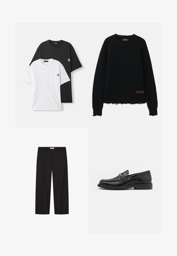 Maglione nero in tessuto waffle con scollo a girocollo, polsini a costine, orlo sfrangiato e una piccola etichetta in pelle marrone sul lato sinistro inferiore.; Due t-shirt esposte: una nera e una bianca, entrambe a manica corta e con una piccola tasca sul petto. Loghi presenti sulla tasca.; Pantaloni larghi neri realizzati in tessuto liscio. Presentano una chiusura con bottone e zip, due tasche frontali e un orlo ben definito.; Mocassini in pelle nera con punta rotonda, dotati di accentuazione in metallo dorato e dettagli di cucitura, posizionati su una suola in gomma testurizzata bassa.