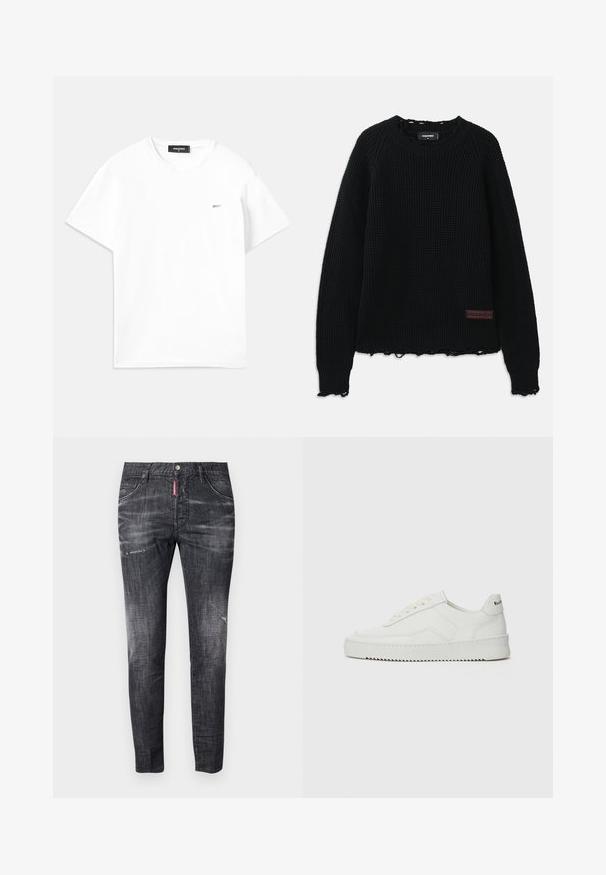Zwarte wafelgebreide trui met een ronde hals, geribde boorden, een rafelige zoom en een klein bruin leren logopatch aan de onderkant van de linkerkant.; Witte katoenen t-shirt met korte mouwen, v-hals en een klein, zilveren logo op de linkerkant van de borst. Eenvoudig ontwerp met een soepele textuur.; Donkergrijze denim jeans met een slim fit, subtiele vervaging, slijtageplekken op de dijen, vijf zakken en een contrasterend rood label detail.; Witte leren sneaker met een gladde afwerking, ronde neus, platte veters en een gestructureerde zool. Kenmerkt zich door een subtiel logo op de hiel.