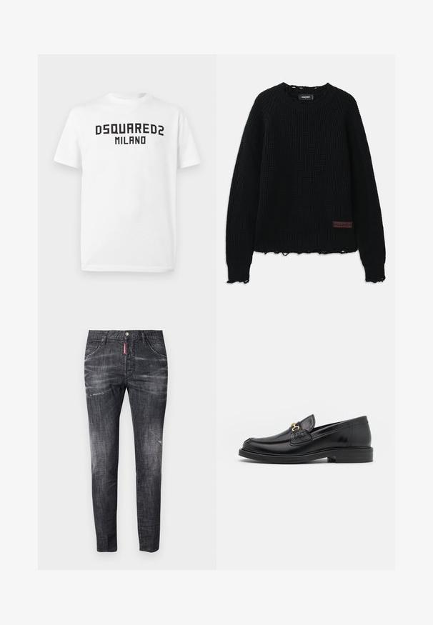 Schwarzer Waffelstrickpullover mit Rundhalsausschnitt, gerippten Bündchen, fransigem Saum und einem kleinen braunen Lederlogo-Patch auf der unteren linken Seite.; Weißes T-Shirt mit kurzen Ärmeln und schwarzem "DSQUARED2 MILANO" Schriftzug mittig auf der Brust vor weißem Hintergrund.; Dunkelgraue Denim-Jeans mit schlankem Schnitt, subtilen Ausbleichungen, Abnutzungsspuren an den Oberschenkeln, fünf Taschen und einem kontrastierenden roten Etikett.; Schwarze Lederleter mit einer abgerundeten Zehenpartie, ausgestattet mit goldenen Hardwareakzenten und Stichdetails, auf einer niedrigen, strukturierten Gummisohle.