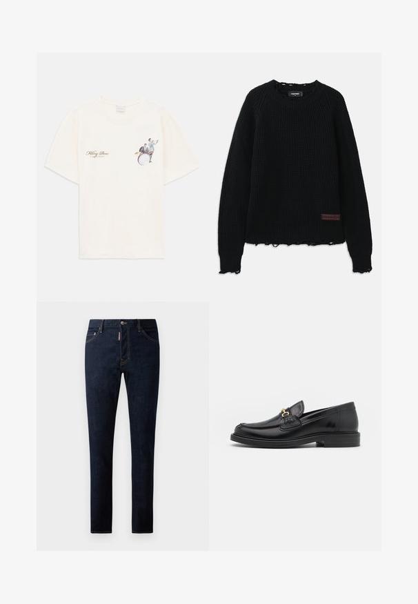 Crni džemper od vaflastog pletenja s okruglim izrezom, rebrastim manžetama, izgužvanim rubom i malim smešnim kožnim logotipom na donjoj levoj strani.; Bež majica s malim printom dva muzičara, jedan svira trubu a drugi na bubnjevima, sa natpisom "Filling Pieces 'United By Rhythm'".; Tamno plave traperice uskog kroja, s kontrastnim šavovima, zakopčavanjem na gumb i dizajnom s pet džepova. Glatka tekstura i izdržljiv materijal.; Crni kožni loafers s zaobljenim vrhom, s zlatnim detaljem i šavovima, smješteni na niskoj, teksturiranoj gumene potplati.