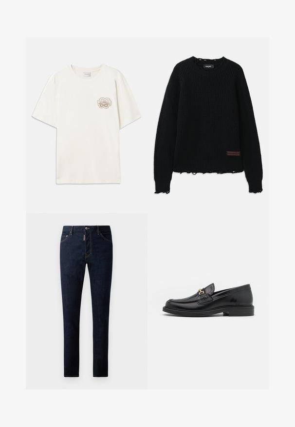 Černý svetr s vaflovou texturou a kulatým výstřihem, ribbované manžety, roztrhaný spodní lem a malá hnědá kožená nášivka loga v levém dolním rohu.; Krémové tričko s krátkým rukávem vyrobené z měkké bavlny. Má na levé části hrudi kulatou vyšívanou nášivku v béžových odstínech. Čtvercový tvar.; Tmavě modré džíny slim fit, se kontrastním prošitím, knoflíkovým zapínáním a pěti kapsami. Hladká textura a odolný materiál.; Černé kožené mokasíny s zaoblenou špičkou, vyznačující se zlatými kovovými detaily a prošíváním, umístěné na nízké, texturované gumové podrážce.